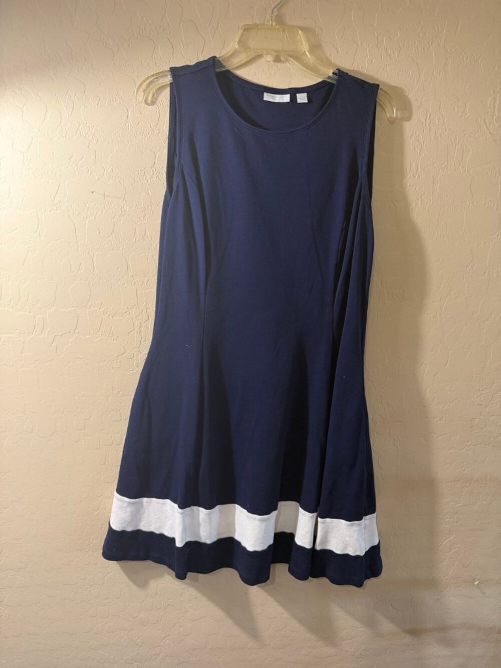 Navy Blue Sleeveless Dress with White Stripe Hem